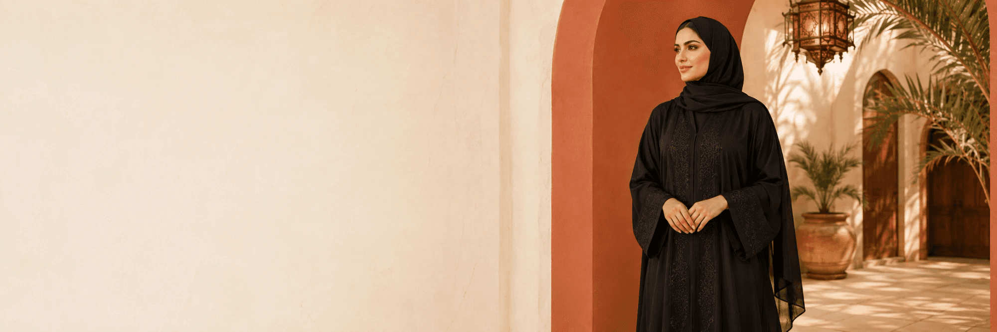 Model in an embroidered black abaya and hijab beneath a terracotta courtyard arch