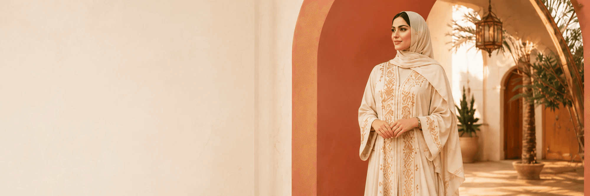 Model in a gold-embroidered ivory abaya and hijab in a sunlit courtyard