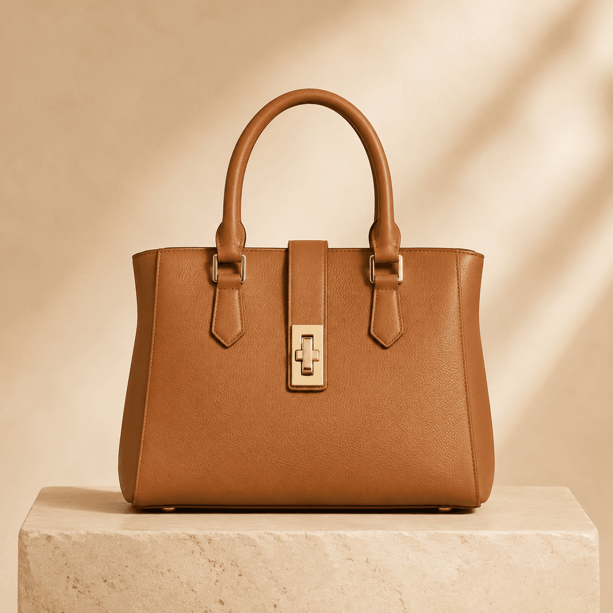 Structured camel leather handbag