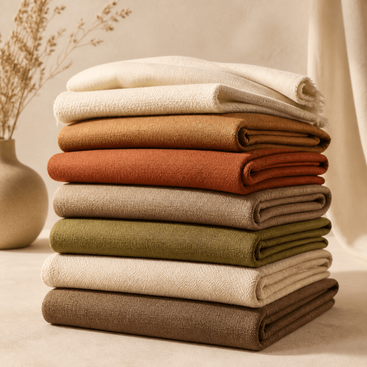Stack of folded fabrics in warm earth tones