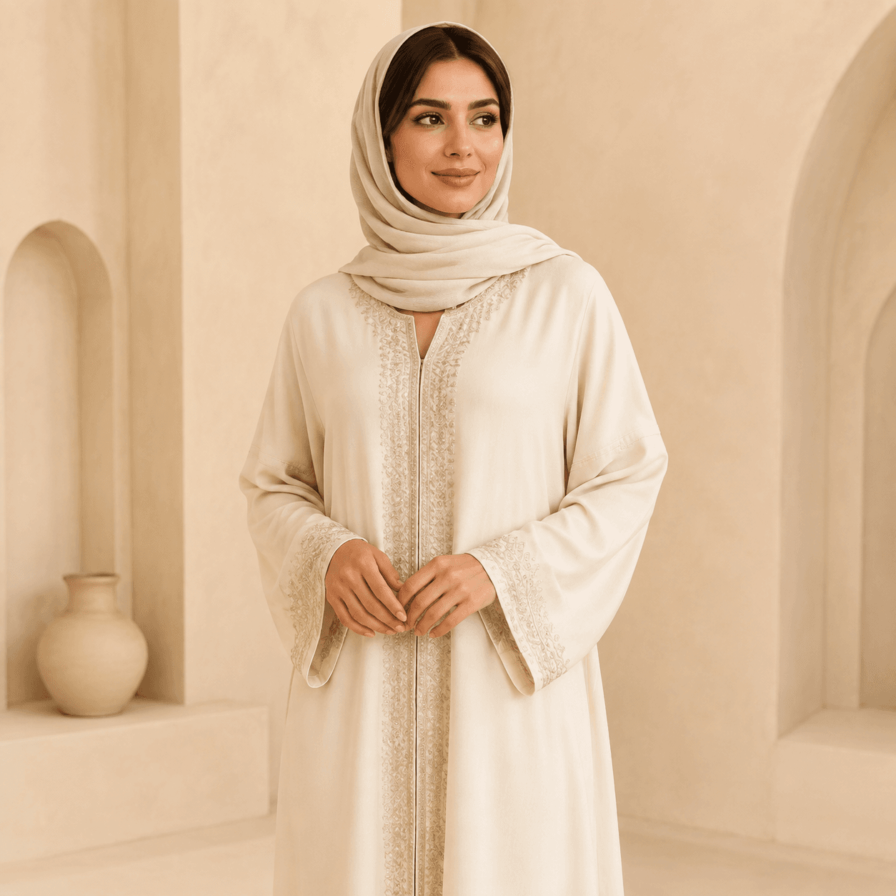 Woman wearing an ivory embroidered jalabiya