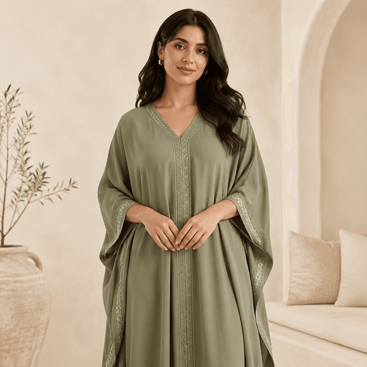 Woman wearing a muted green embroidered kaftan
