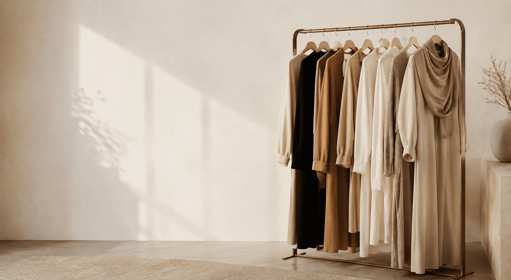 Curated rack of neutral modest everyday garments