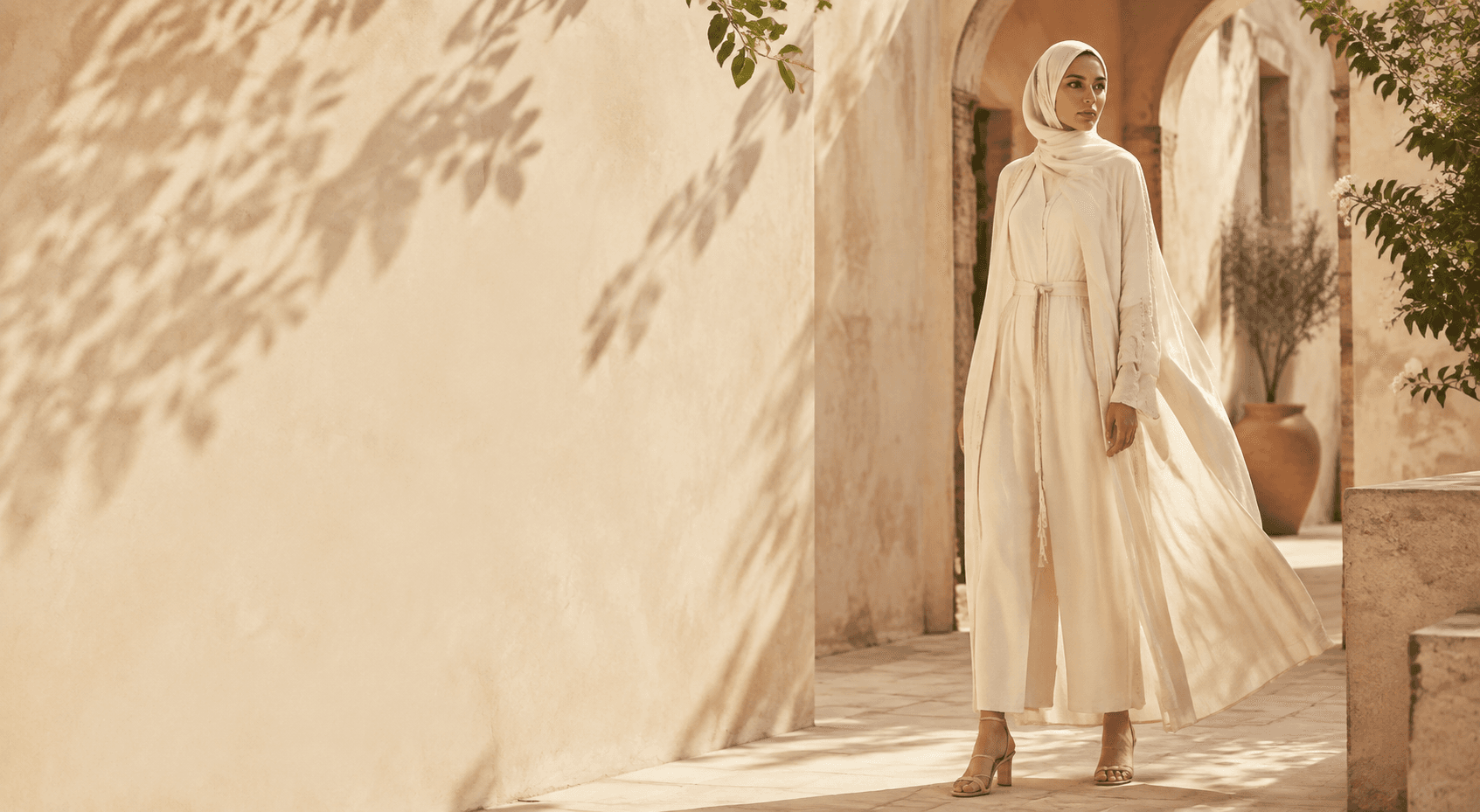 Woman in a light ivory modest outfit in a sunlit courtyard
